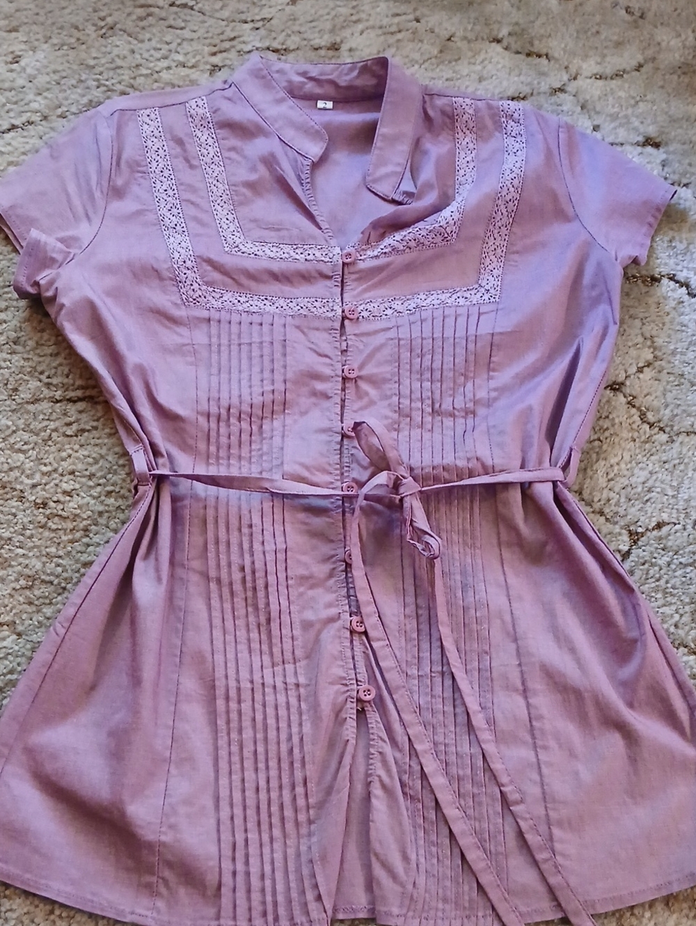 Light Mauve Lace-Trim Button Front Tunic with Self-Tie Waist